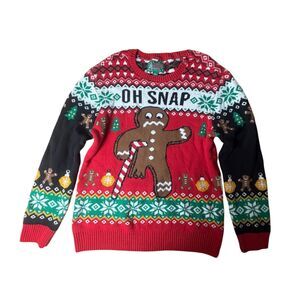 "Oh Snap!" Gingerbread Man Ugly Christmas Holiday Festive Kitschy Sweater Large